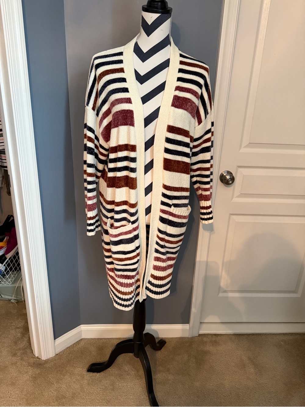 Olive & Oak Cream, Black, Brown & Burgundy Striped Open Cardigan